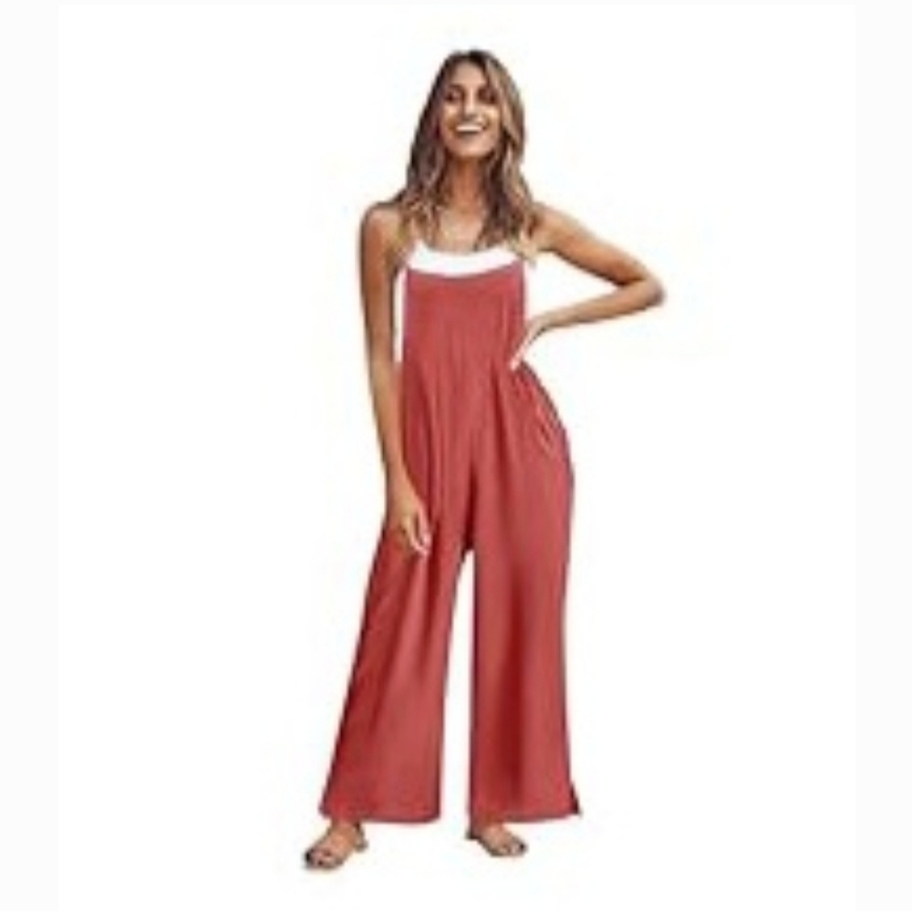 Women's Coral Red Cotton Wide Leg Romper